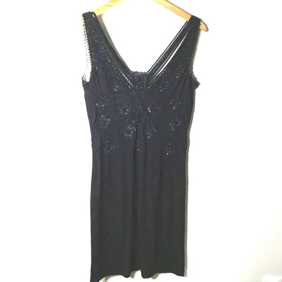 Vintage BADGLEY MISCHKA Triple V Neck Hand Beaded Silk Black Cocktail Dress 8 - Picture 2 of 10